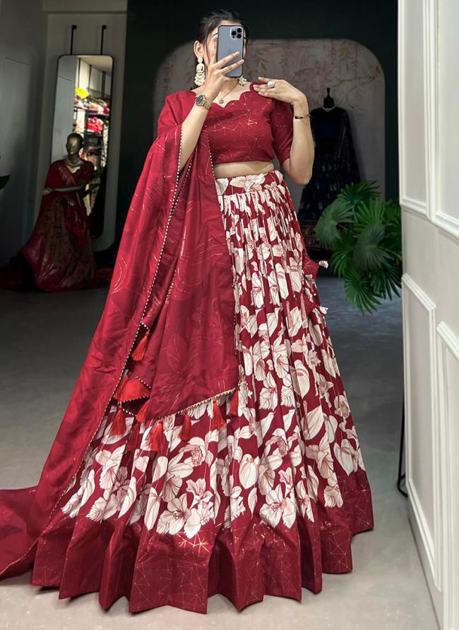 Silk Red Wedding Wear Floral Print Readymade Lehenga Choli